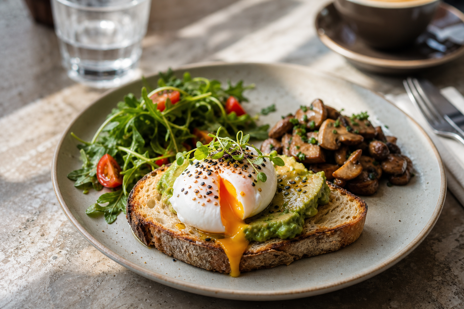 Frühstücksteller und Kaffee